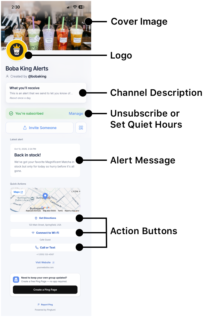 A Boba King Ping Page labelled with its Cover Image, Logo, Channel Description, the subscriber's Manage button for unsubscribing or quiet hours, the latest Alert Message and its Action Buttons
