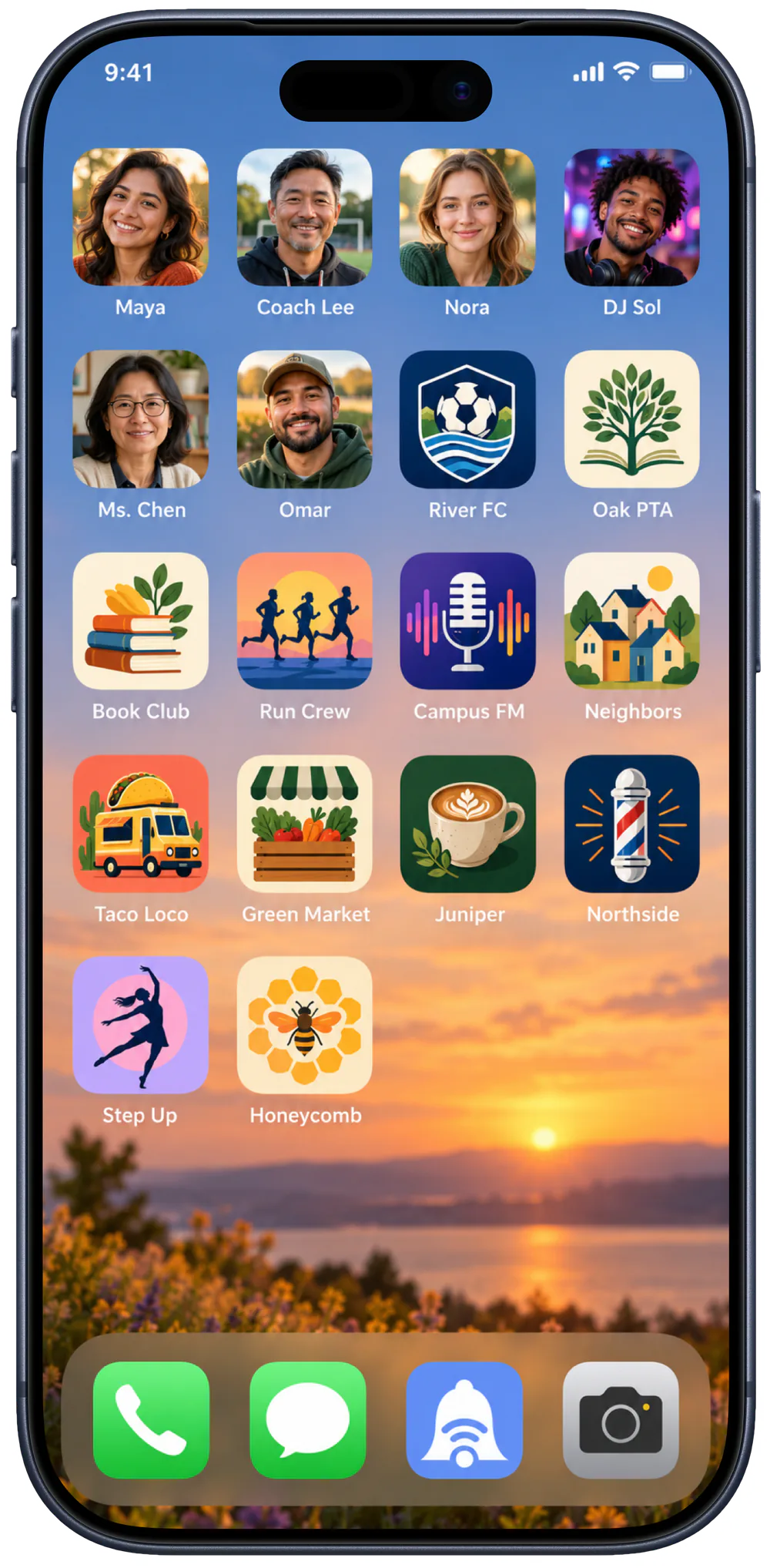 An iPhone home screen filled with fictional people, clubs, community organizations, and local businesses, with Pingtumi in the dock
